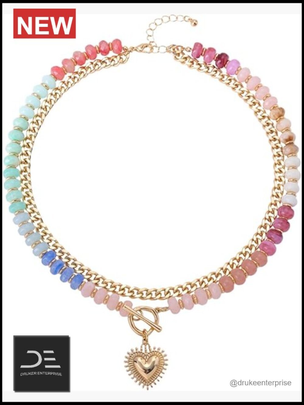 Layered Beaded & Curb Chain Heart Necklace Acrylic Choker Summer Boho Jewelry